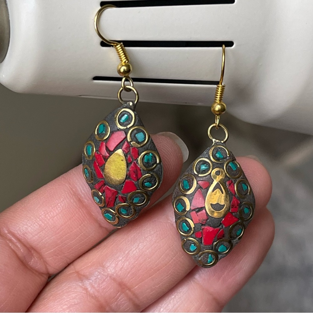 Tibetan Nepal Mosaic Red Coral Turquoise Brass Inlaid Oval Dangle Vtg Earrings
